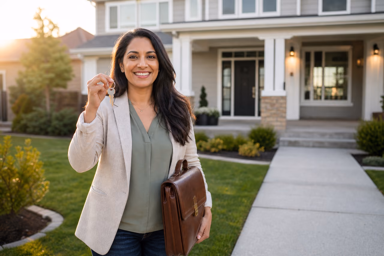 Teacher Holding Keys in Front of New Suburban House