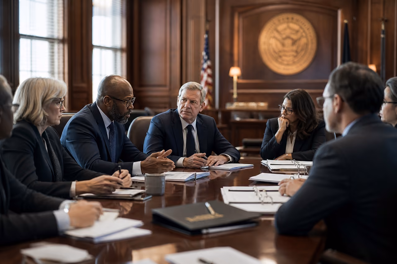 Legal Professionals Deliberating in a Government Boardroom