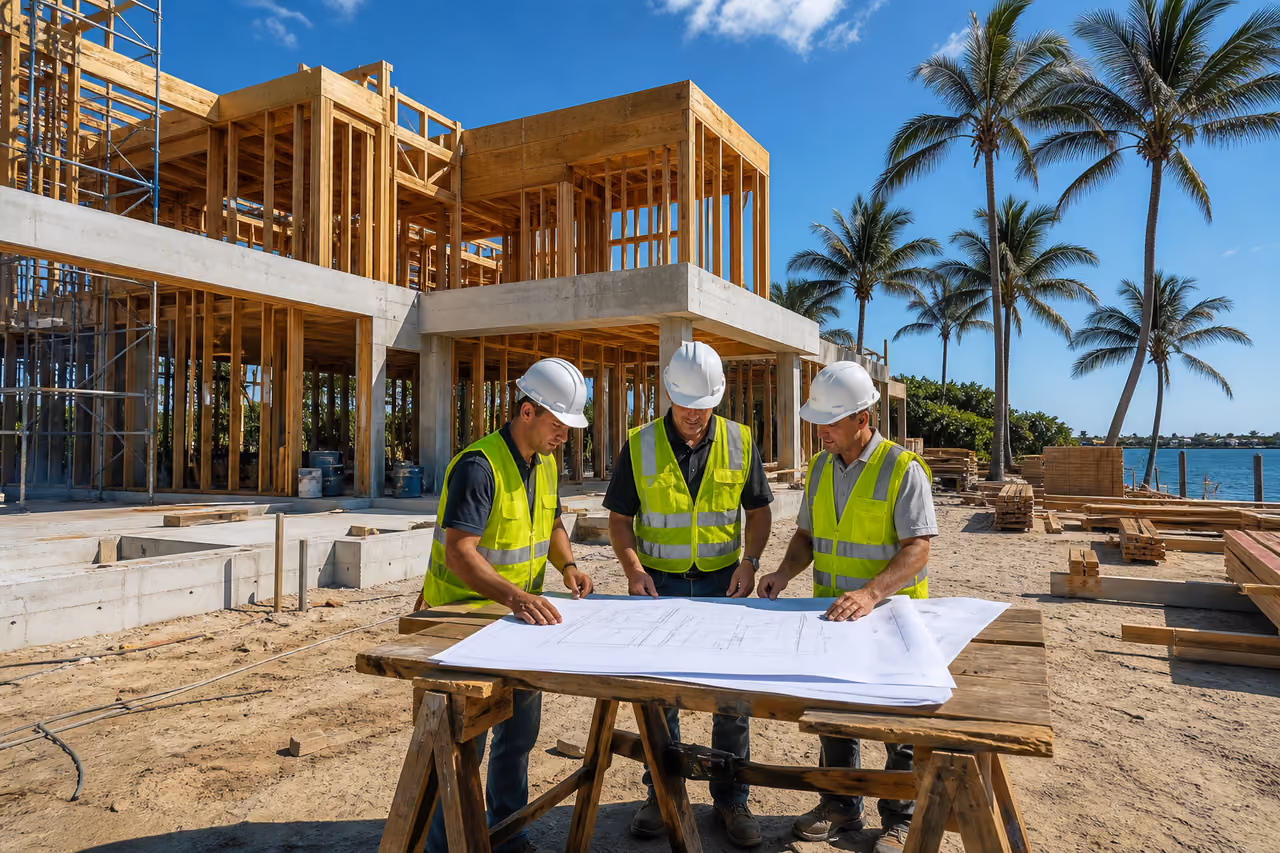 Luxury Home Construction Site with Workers in Boca Raton
