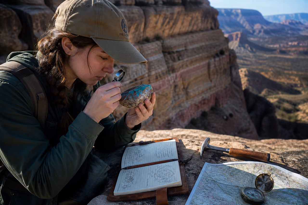 Geology Student Examining Rock Samples in Dramatic Canyon Landscape