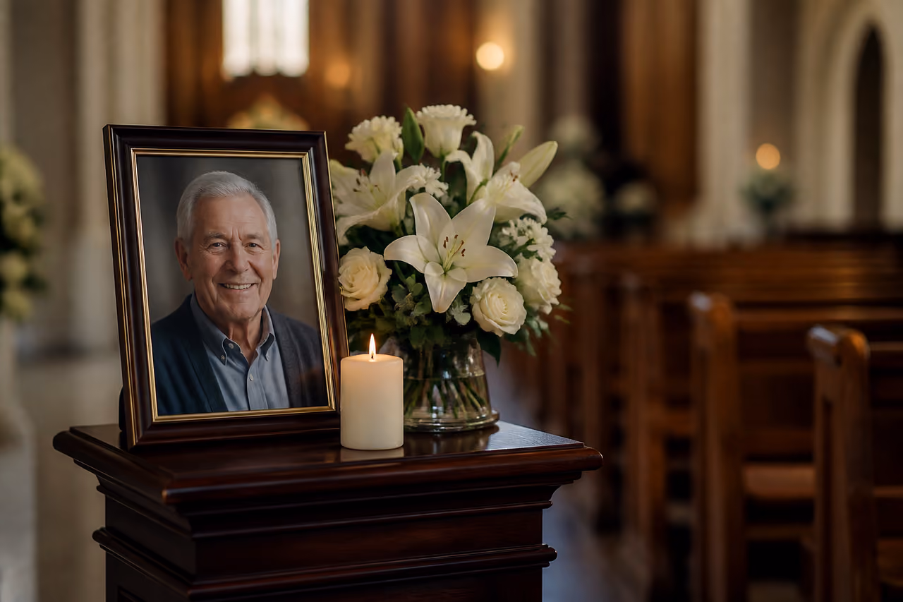 Memorial Portrait with White Lilies and Candle in Chapel