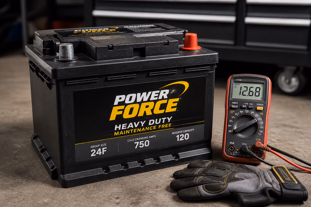 Heavy Duty Automotive Battery with Multimeter in Garage