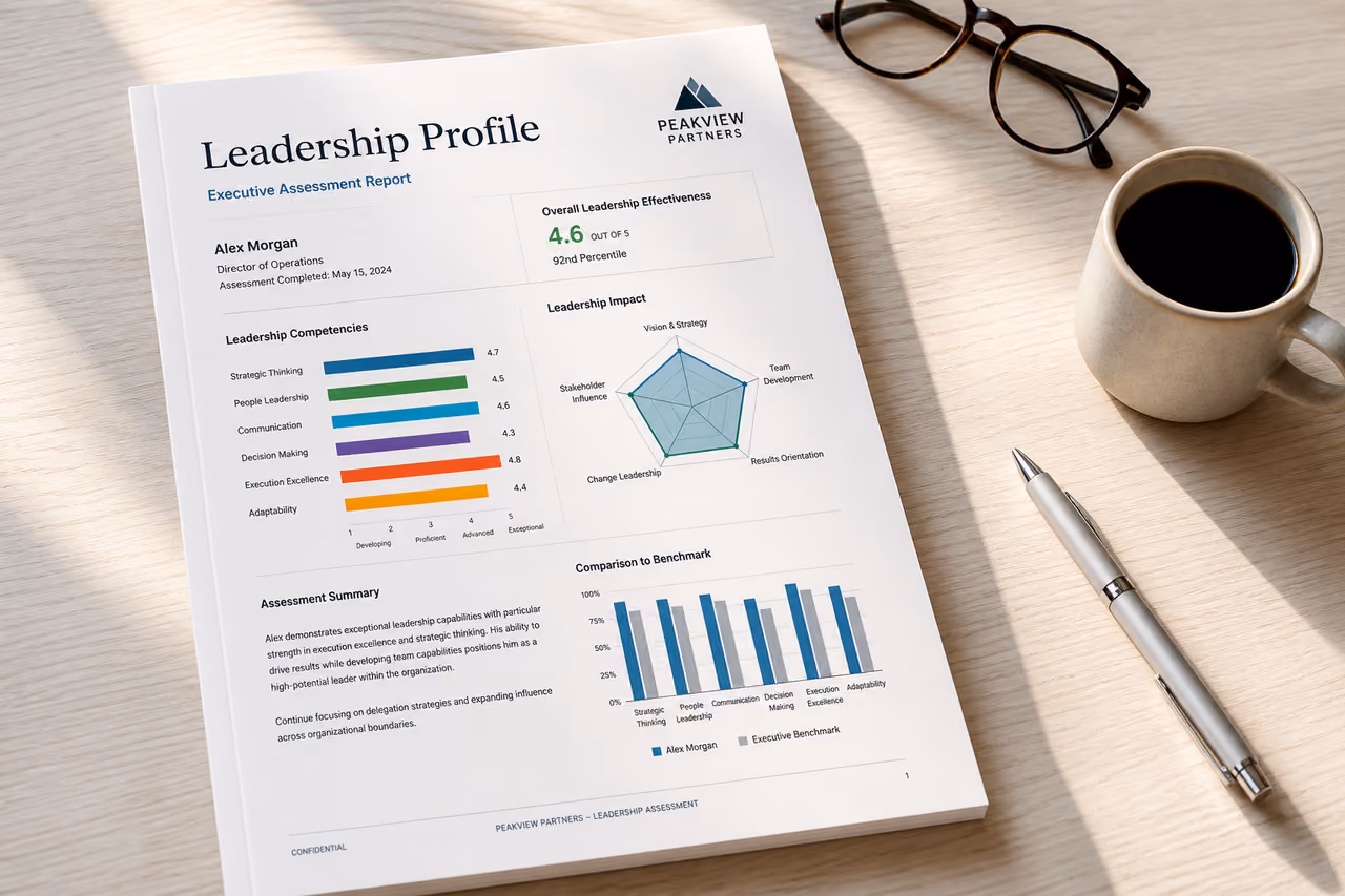 Printed Leadership Assessment Report on Modern Office Desk