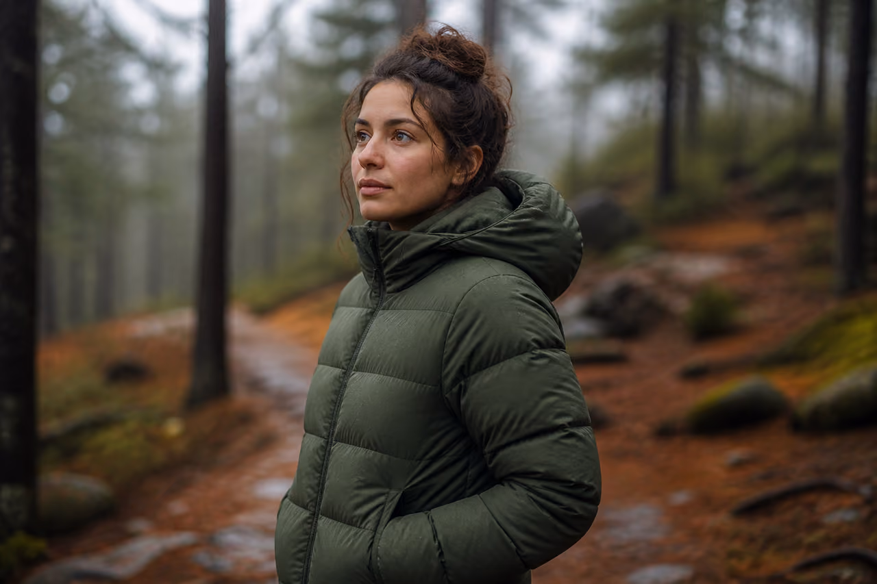 Woman Wearing Moss Green Puffer Jacket in Misty Forest