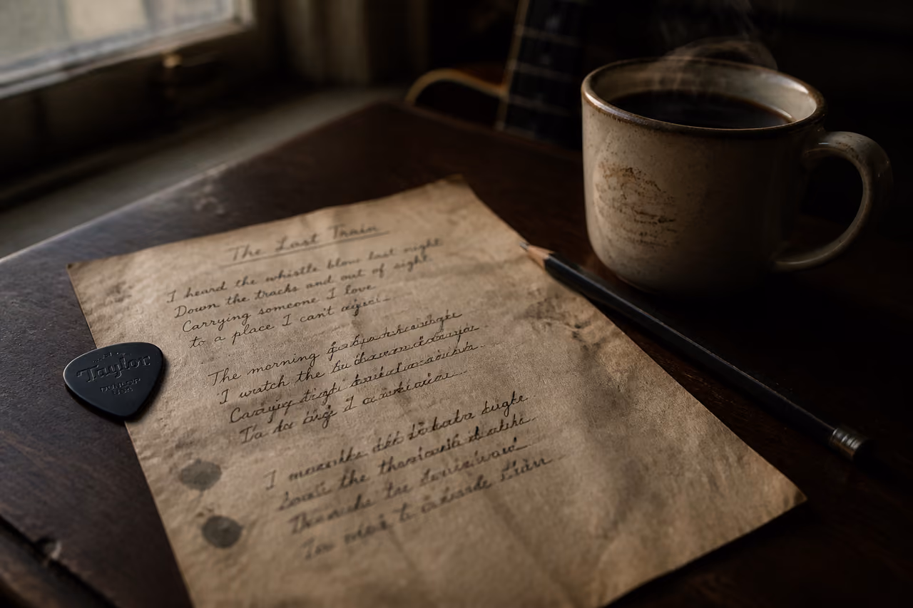 Handwritten Song Lyrics on a Vintage Wooden Desk