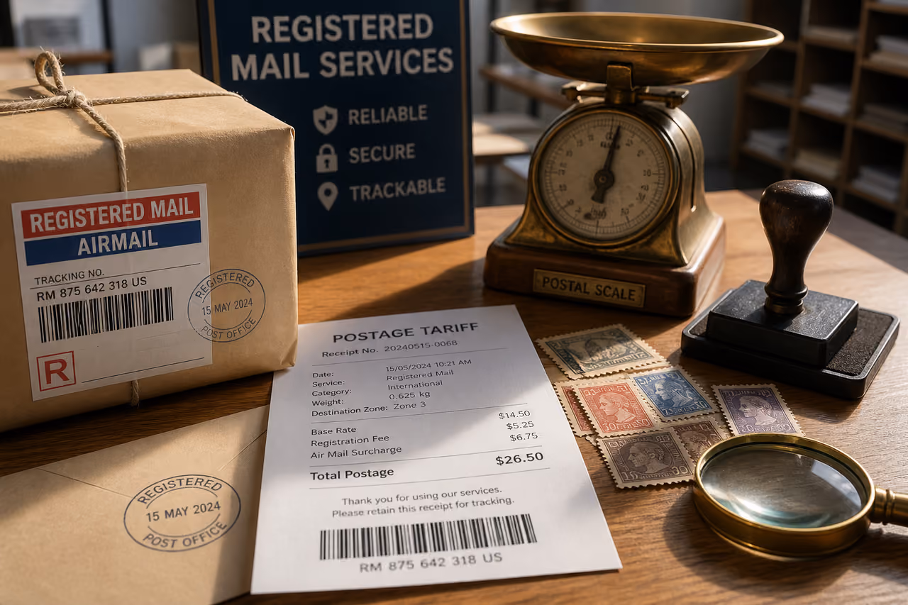 Registered Mail Parcel with Postage Stamps and Official Receipt