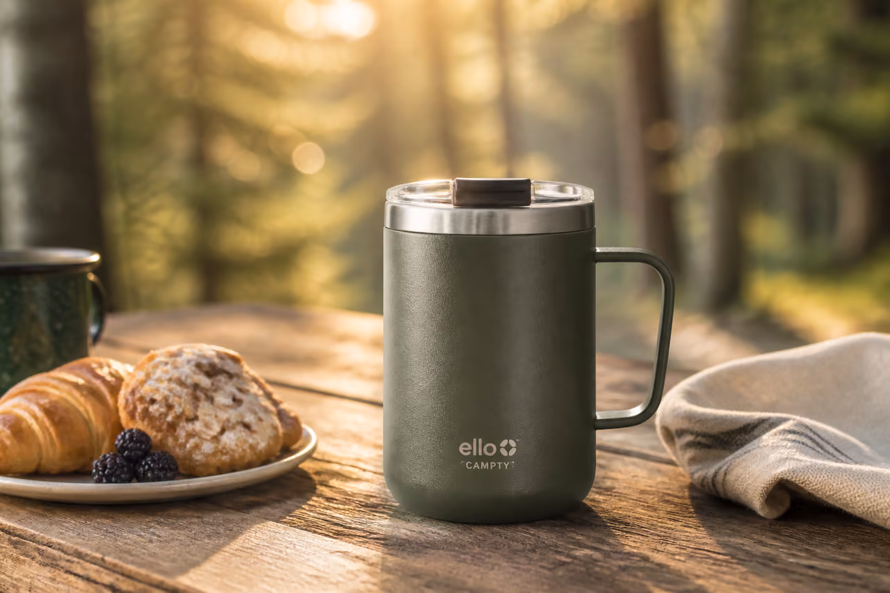 Ello Campy Vacuum Insulated Stainless Steel Travel Mug on Rustic Table