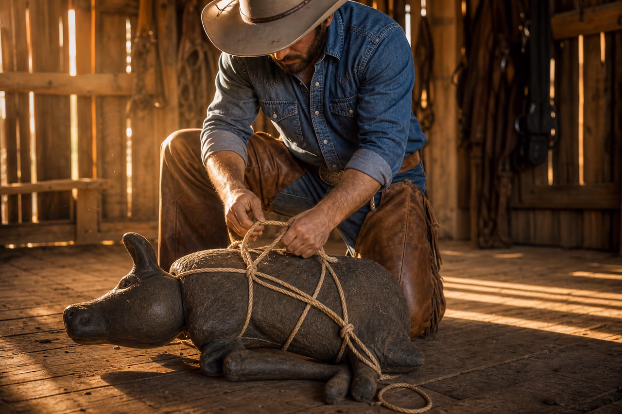Young Cowboy Practicing His First Hogtie Knot in a Rodeo Arena