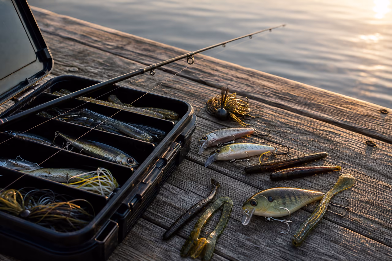 Megabass Tackle Style Lures on a Lakeside Dock