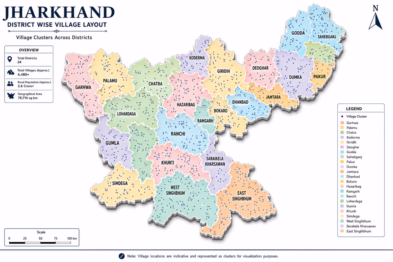 Detailed Vector Map of Jharkhand Districts and Village Locations