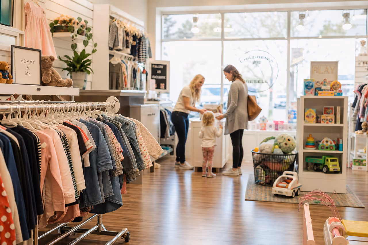 Interior of a Children's Consignment Store with Clothing and Toys