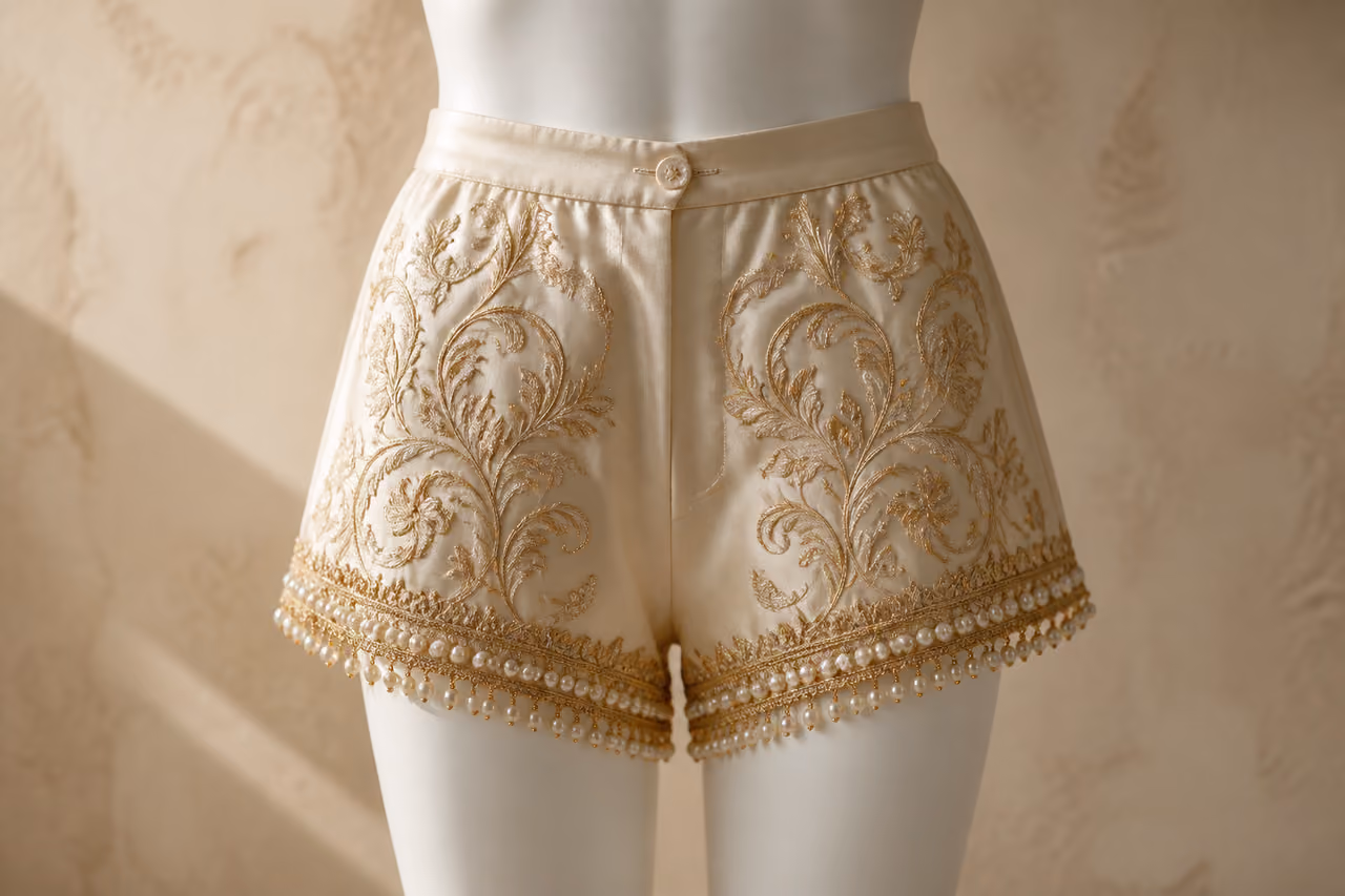 Cream Silk Royal Core Shorts SS19 on a Mannequin