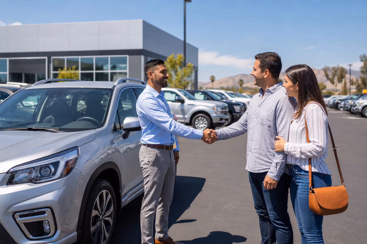 Salesperson Shaking Hands with Customers at a Used Car Dealership