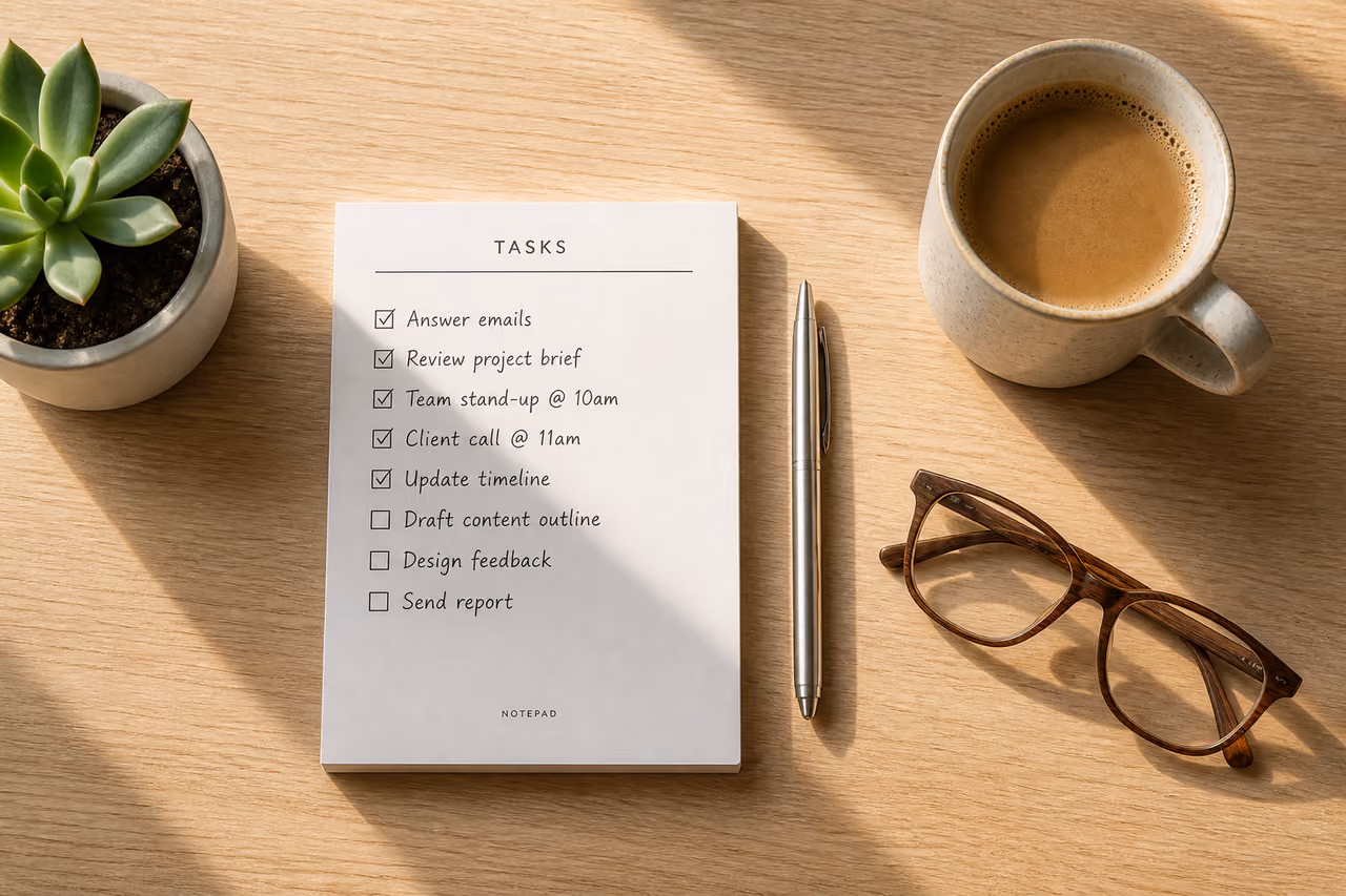 Organized Desk Setup with Tasks Checklist on a Paper Notepad
