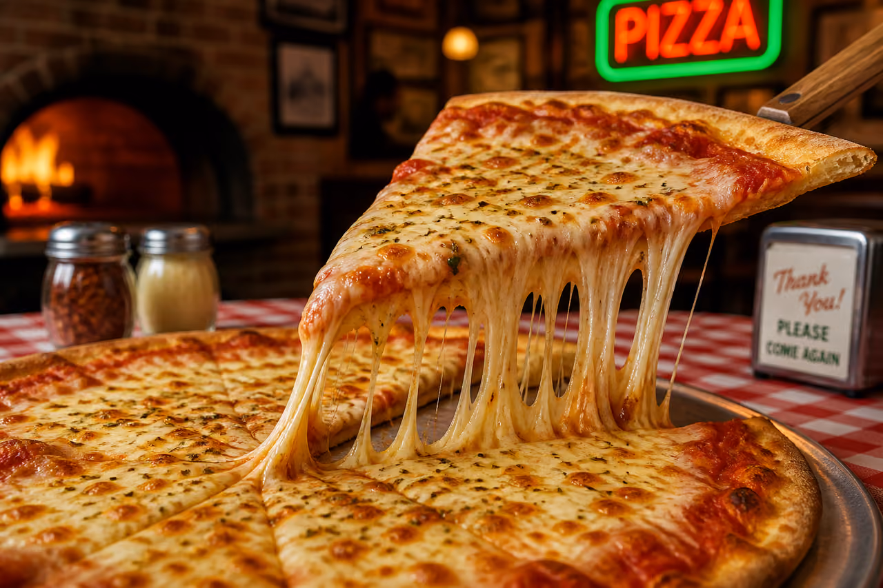 Freshly Baked New Jersey Pizza Slice with Cheese Stretch in Pizzeria