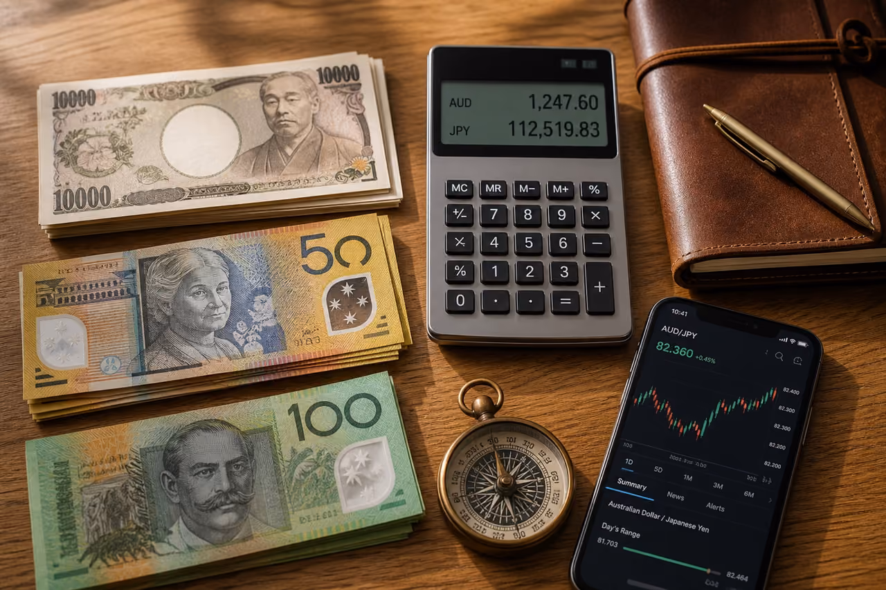 105000 Yen to AUD Currency Exchange on a Desk