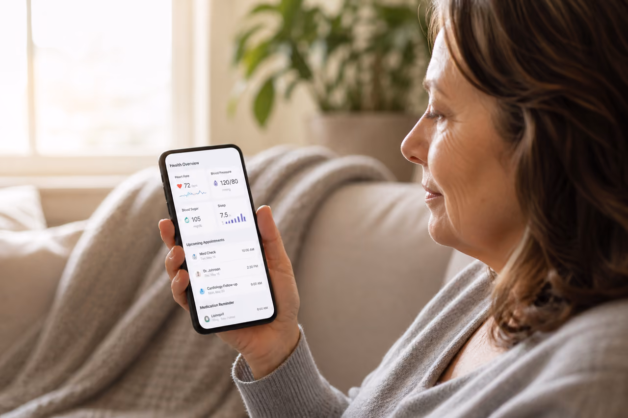 Woman Using Medical Patient Portal on Smartphone at Home
