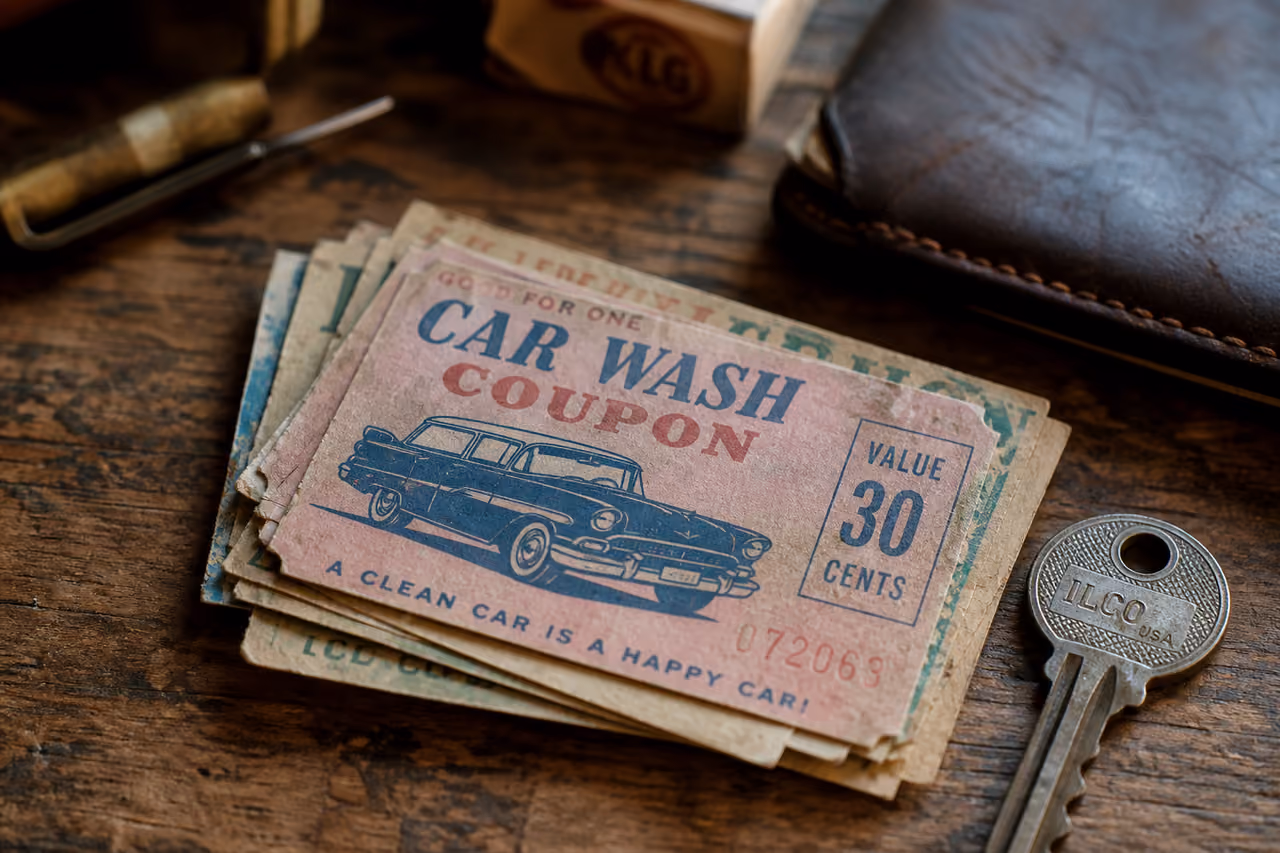 Stack of Weathered Vintage Car Wash Coupons on Wooden Table