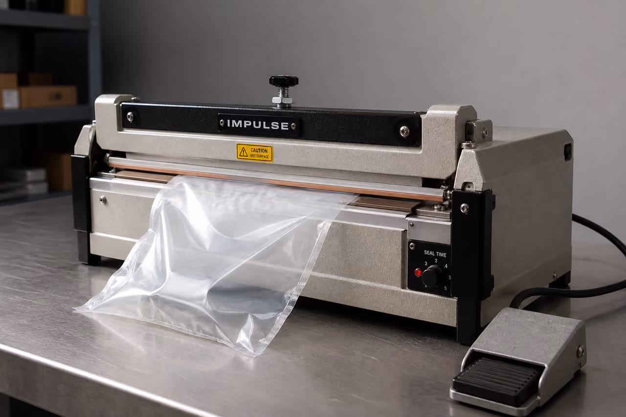 Industrial Impulse Foot Sealer on a Metal Workbench