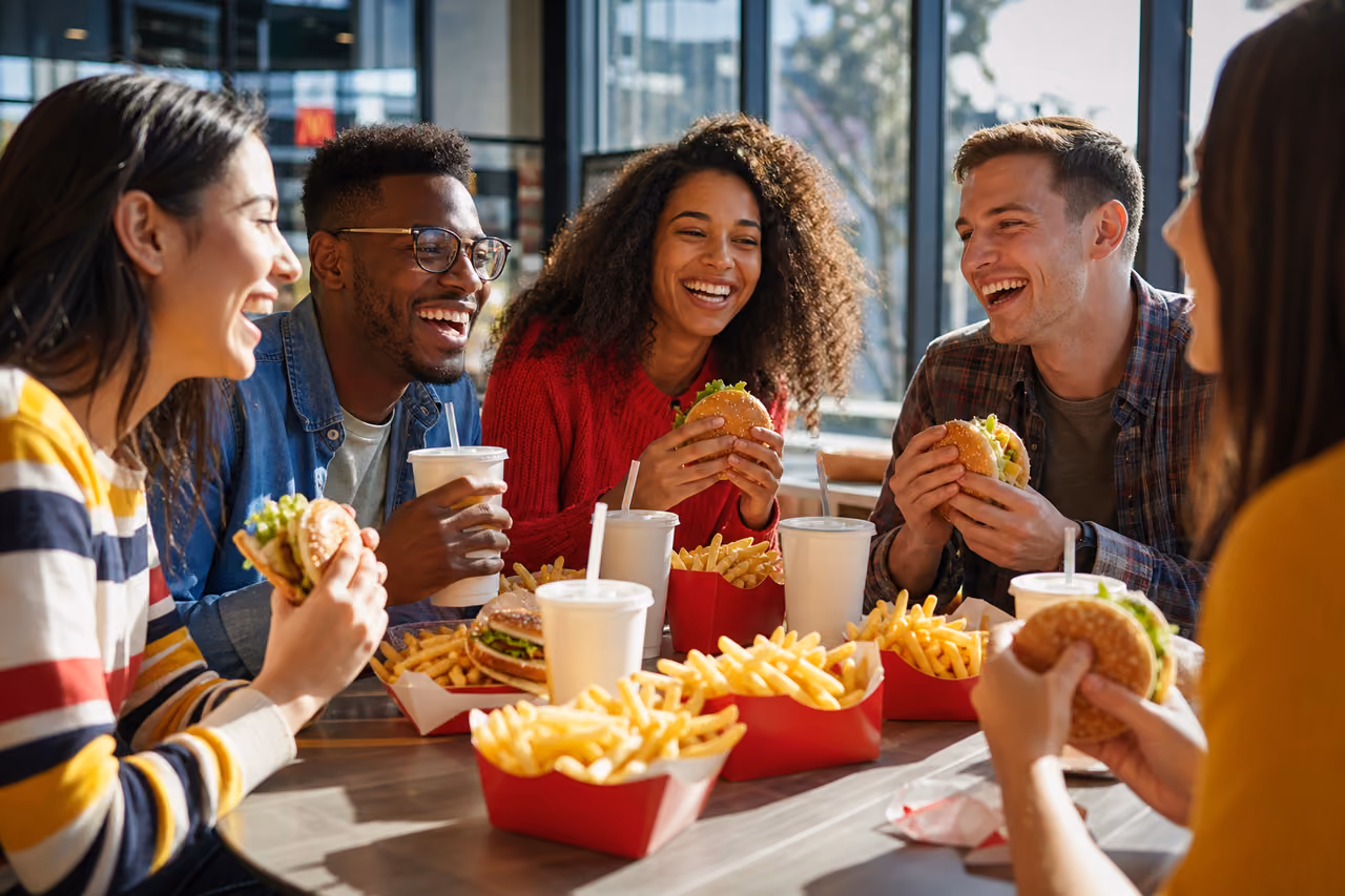 Diverse Friends Sharing Fast Food Meal in Modern Restaurant