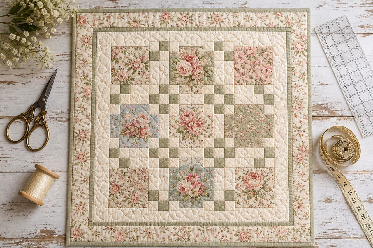 Blooming Nine Patch Quilt Pattern Laying Flat with Sewing Tools