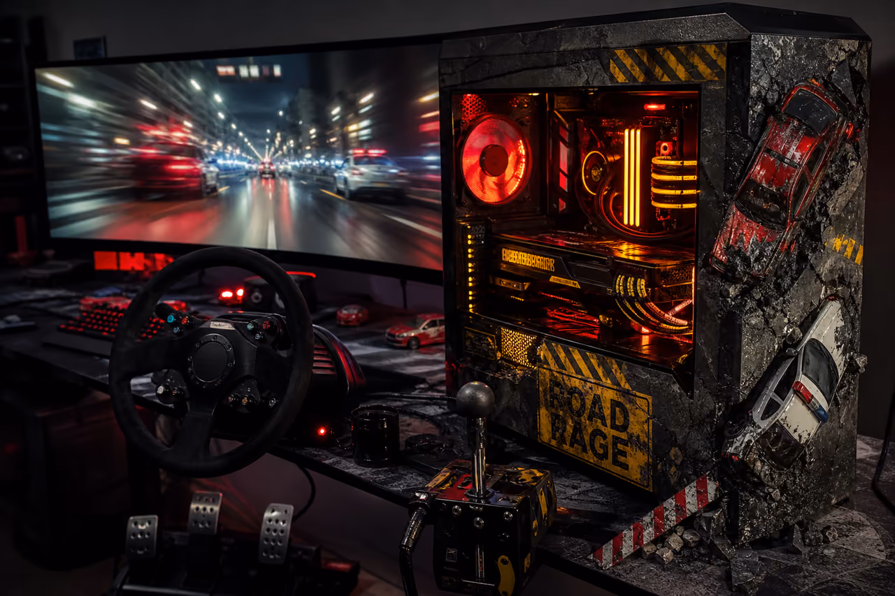 Custom Gaming Pc with Road Rage Theme and Racing Simulator