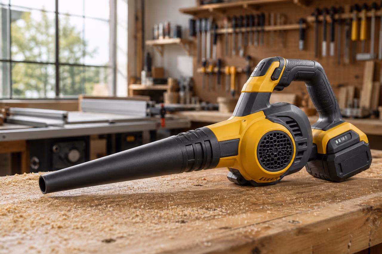 Cordless Workshop Blower Resting on Sawdust Covered Workbench