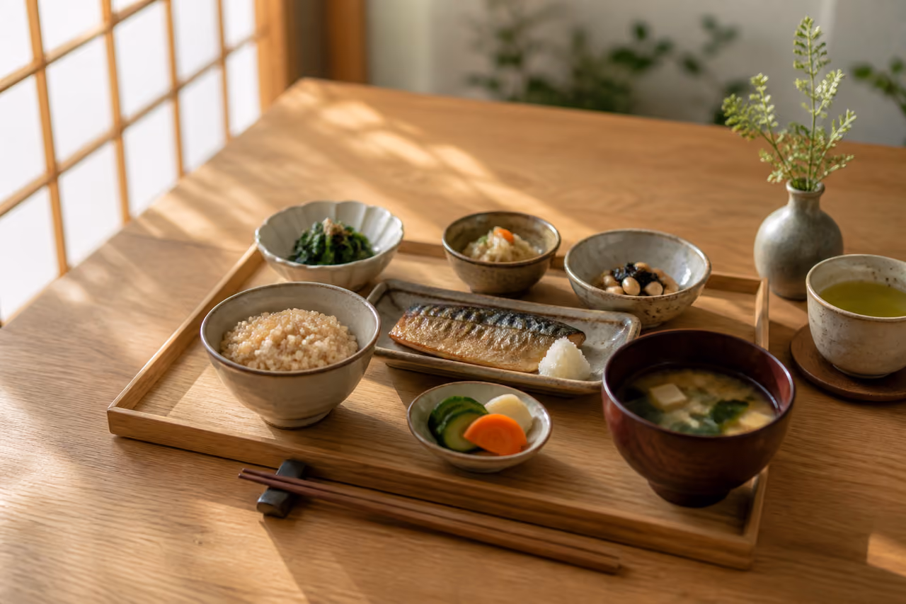 Traditional Japanese Balanced Meal for Weight Loss on Wooden Tray