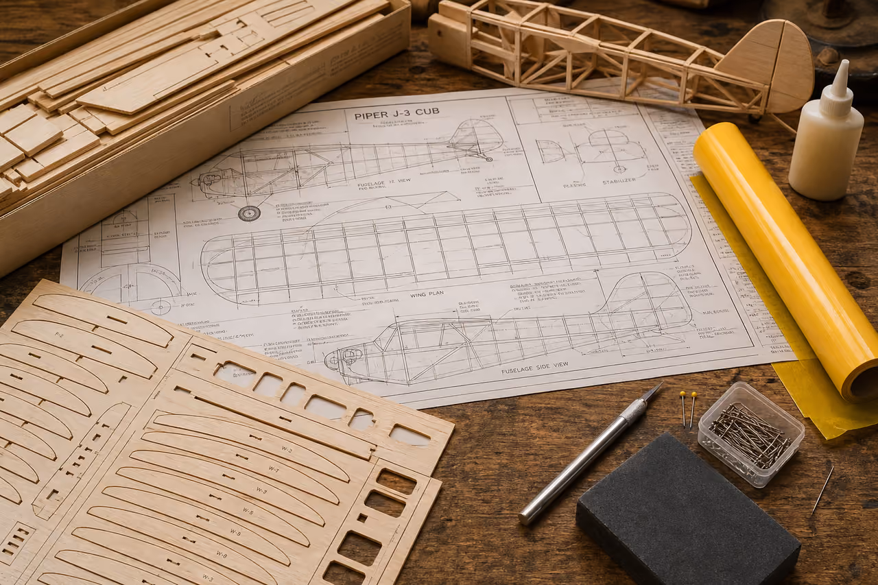 Balsa Wood Model Airplane Kit and Blueprints on Workbench