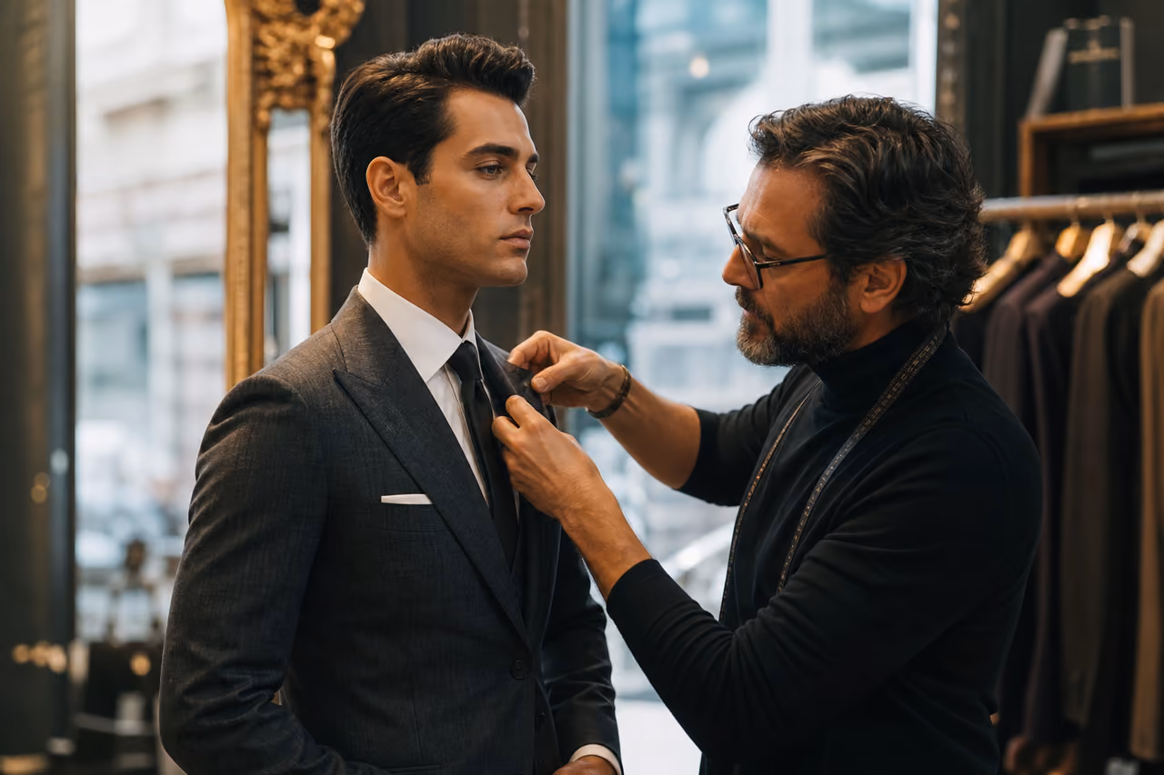 Professional Stylist Adjusting Tailored Suit on Male Client