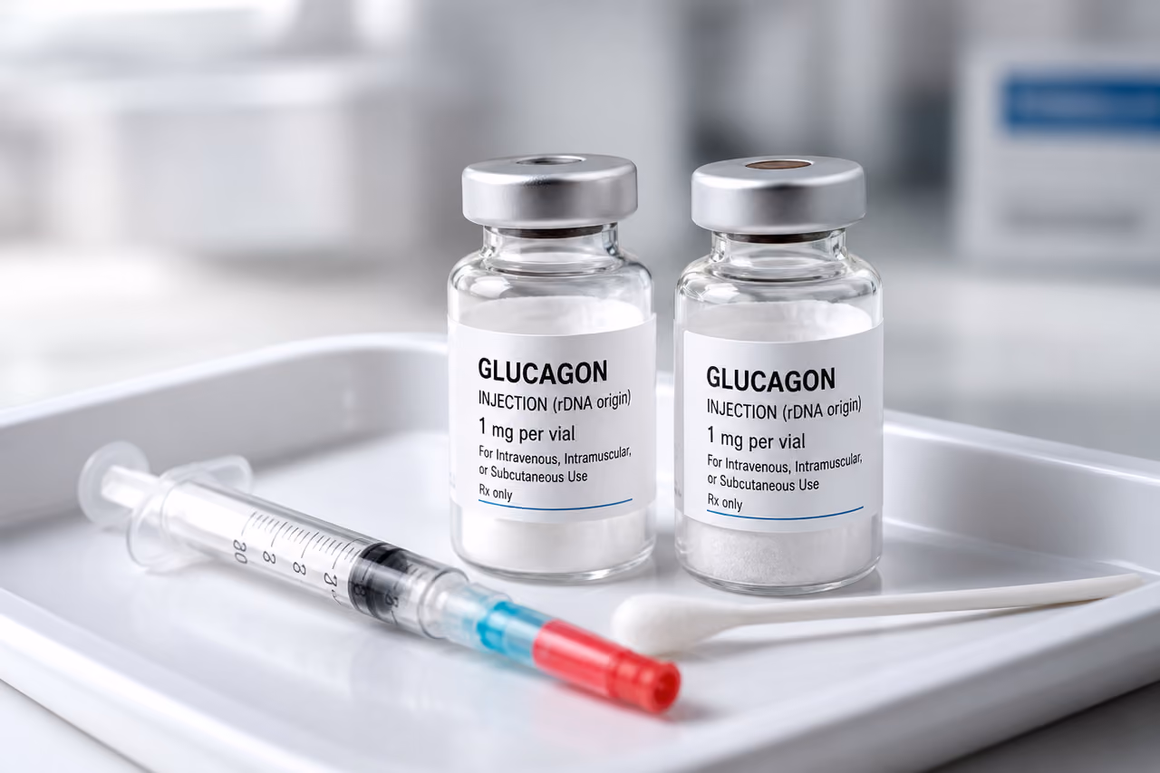 Glucagon Vials and Sterile Syringe on Medical Tray