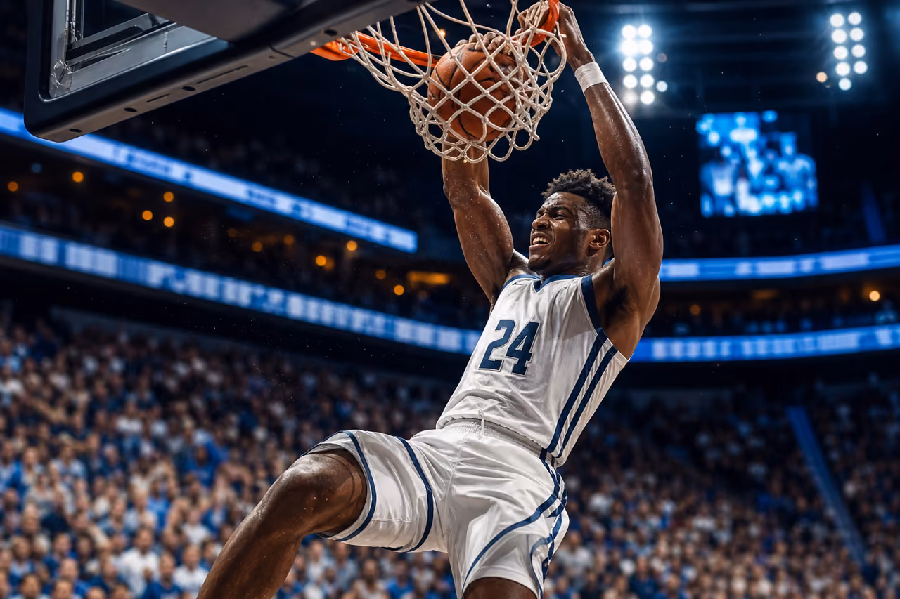 Professional Basketball Player Performing a Slam Dunk in Arena