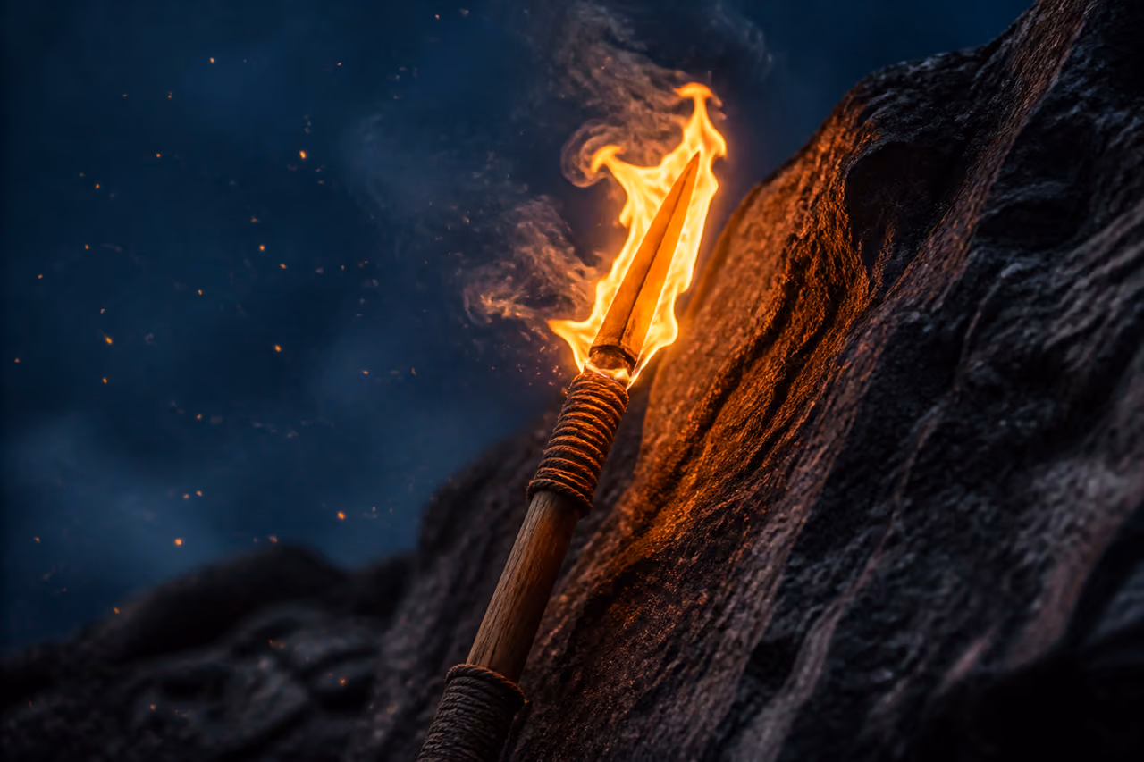 Ceremonial Burning Spear Resting Against Volcanic Rock