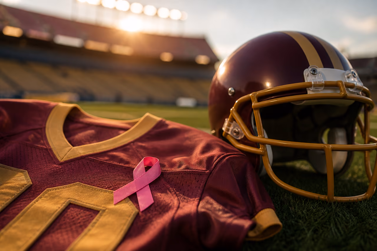 Pink Breast Cancer Awareness Ribbon on Burgundy Football Gear