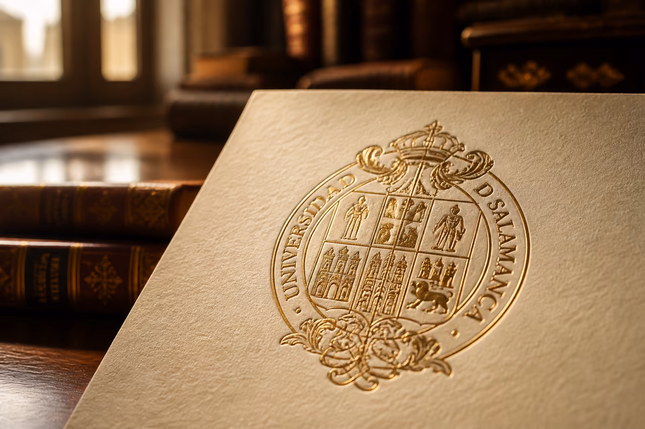 Gold Embossed Universidad De Salamanca Logo on Parchment Paper