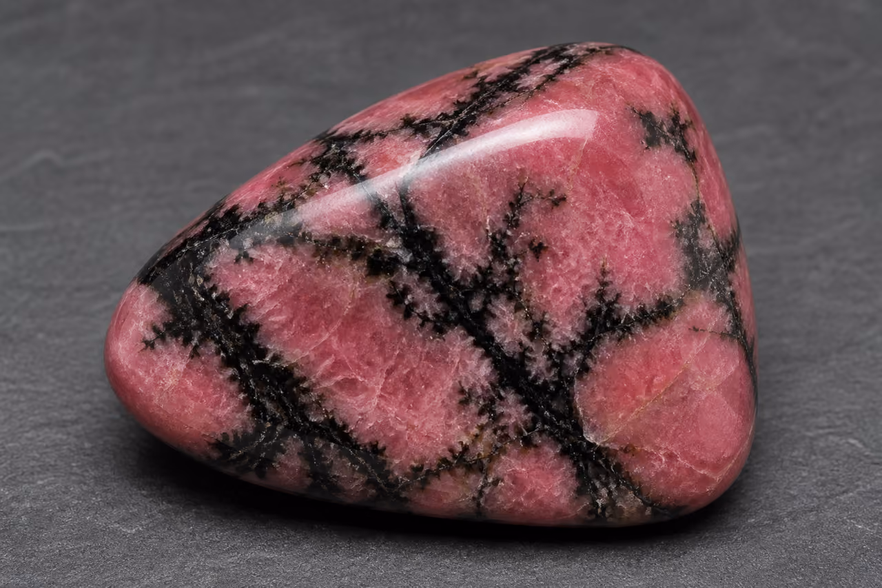 Polished Rhodonite Mineral Specimen Showing Black Manganese Oxide Veins