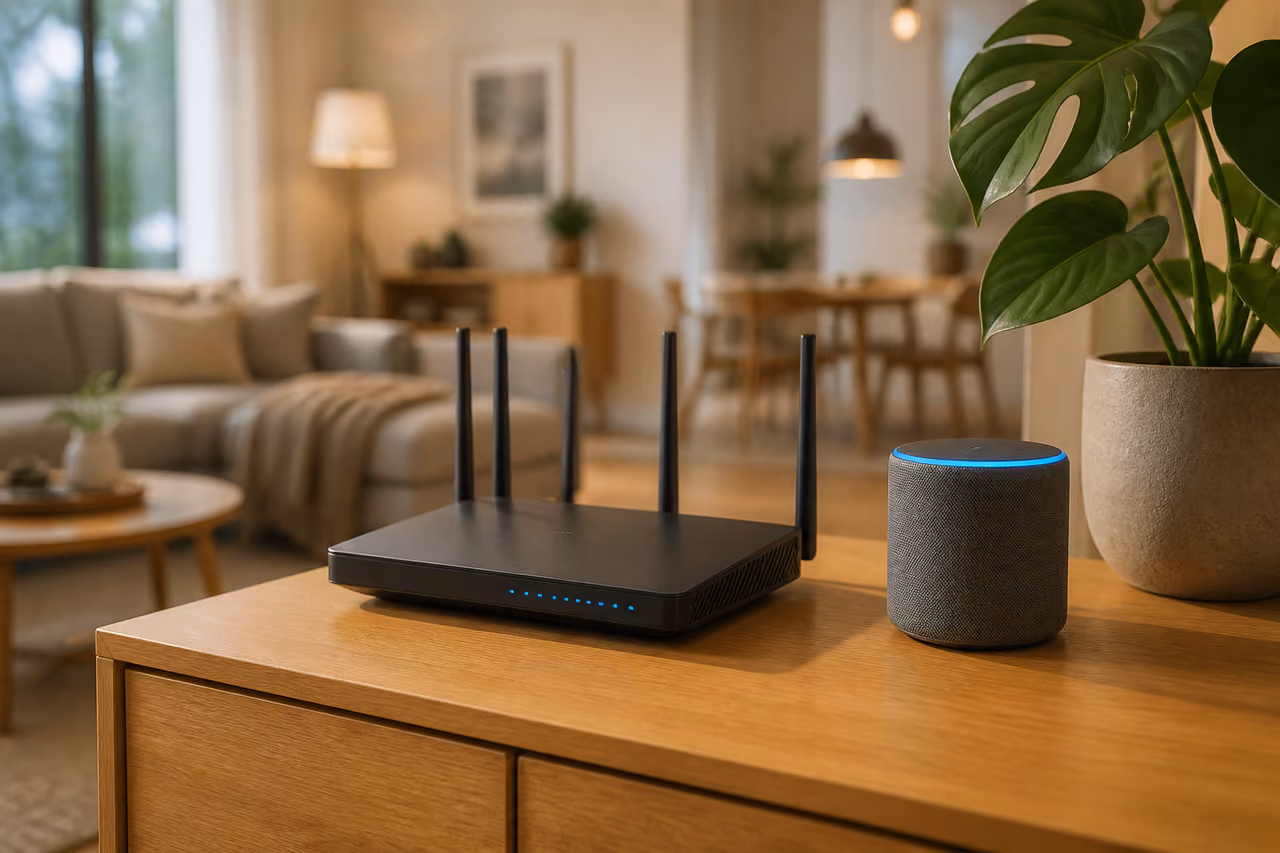 Modern Alexa Compatible Router on a Smart Home Sideboard