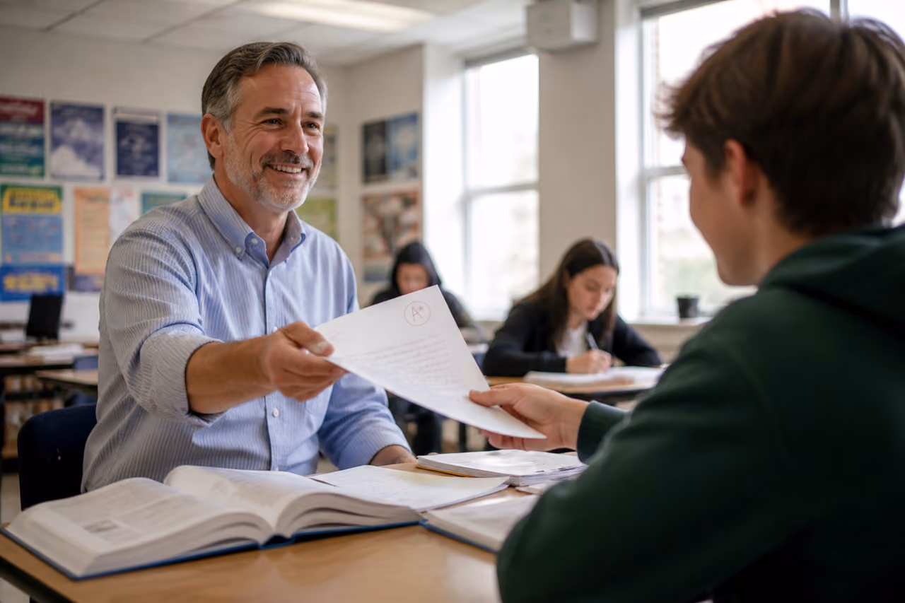 Kind Teacher Handing Graded Paper to Relieved Student