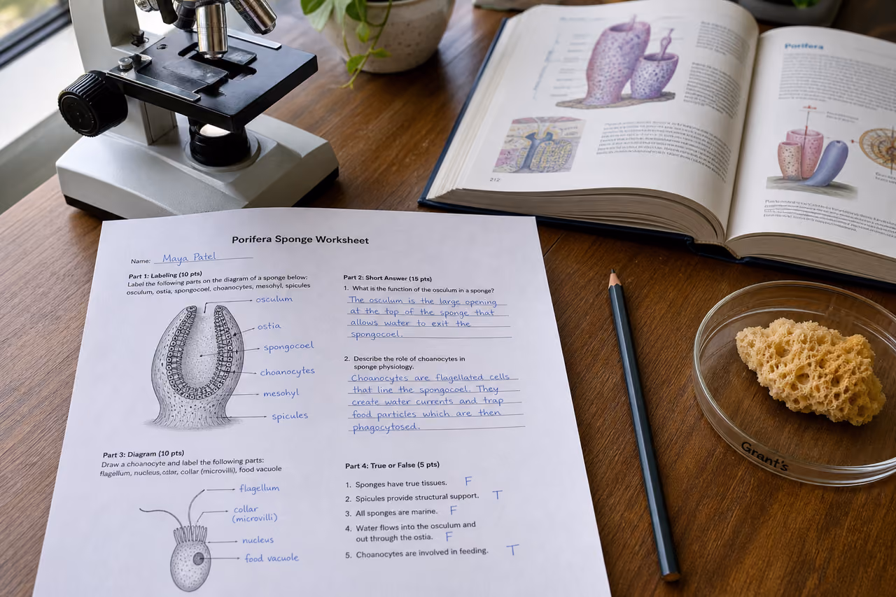 Biology Student Completing a Porifera Sponge Worksheet