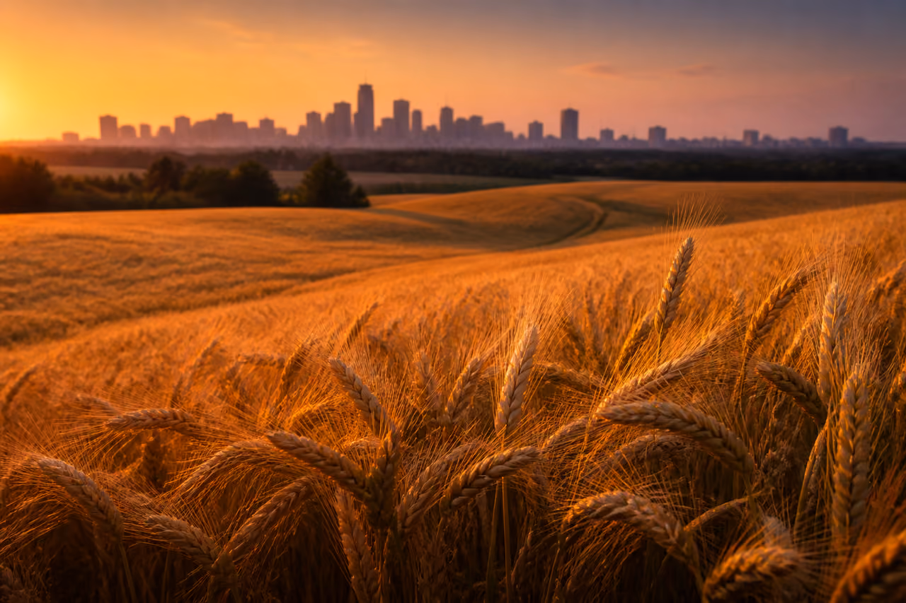 Golden Wheat Field with Edmonton Skyline at Sunset