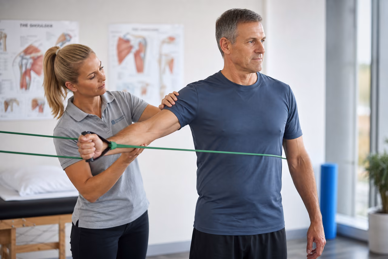 Physiotherapist Guiding Patient Through Shoulder Rehabilitation Exercises