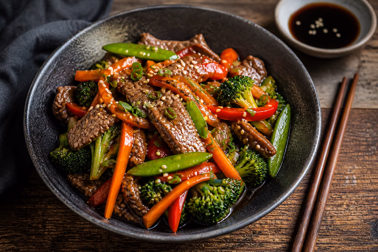 Beef Stir Fry with Mixed Vegetables in Ceramic Bowl