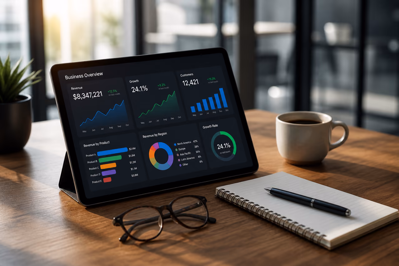 Business Performance Dashboard on Tablet Atop Office Desk