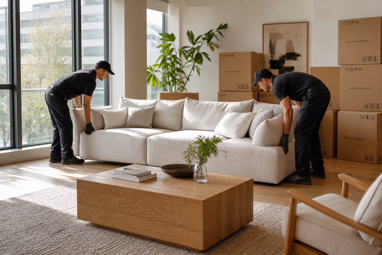 Delivery Workers Unboxing Modern Sofa in Bright Living Room