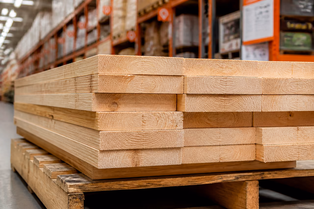 Stacked 2x12 Lumber Boards in a Hardware Store Warehouse