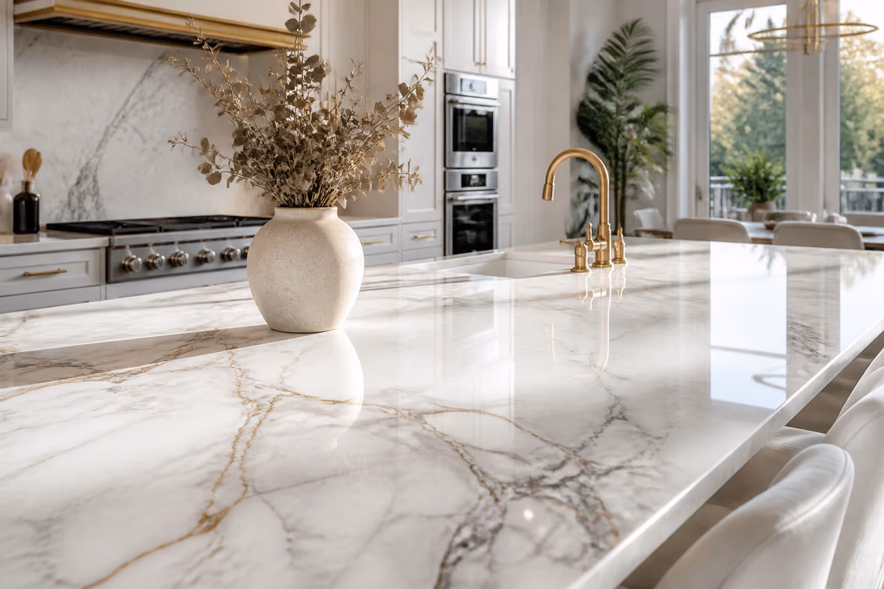 Luxury Kitchen Island with White Quartzite Countertop and Gold Veining