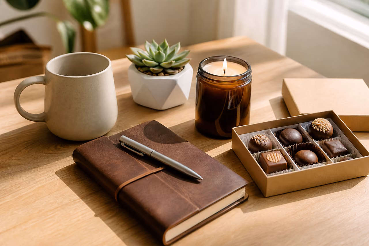 Curated Collection of Affordable Gift Ideas on Wooden Table