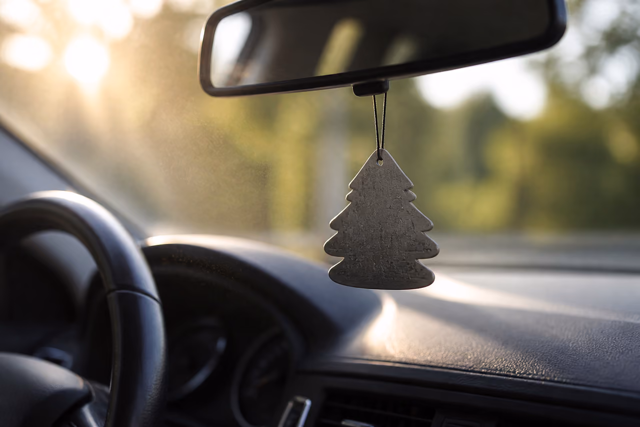 Car Air Freshener Hanging from a Rearview Mirror in Sunlight
