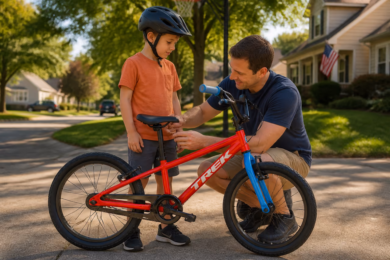 Parent Sizing a 20-Inch Bike for a Child on a Driveway