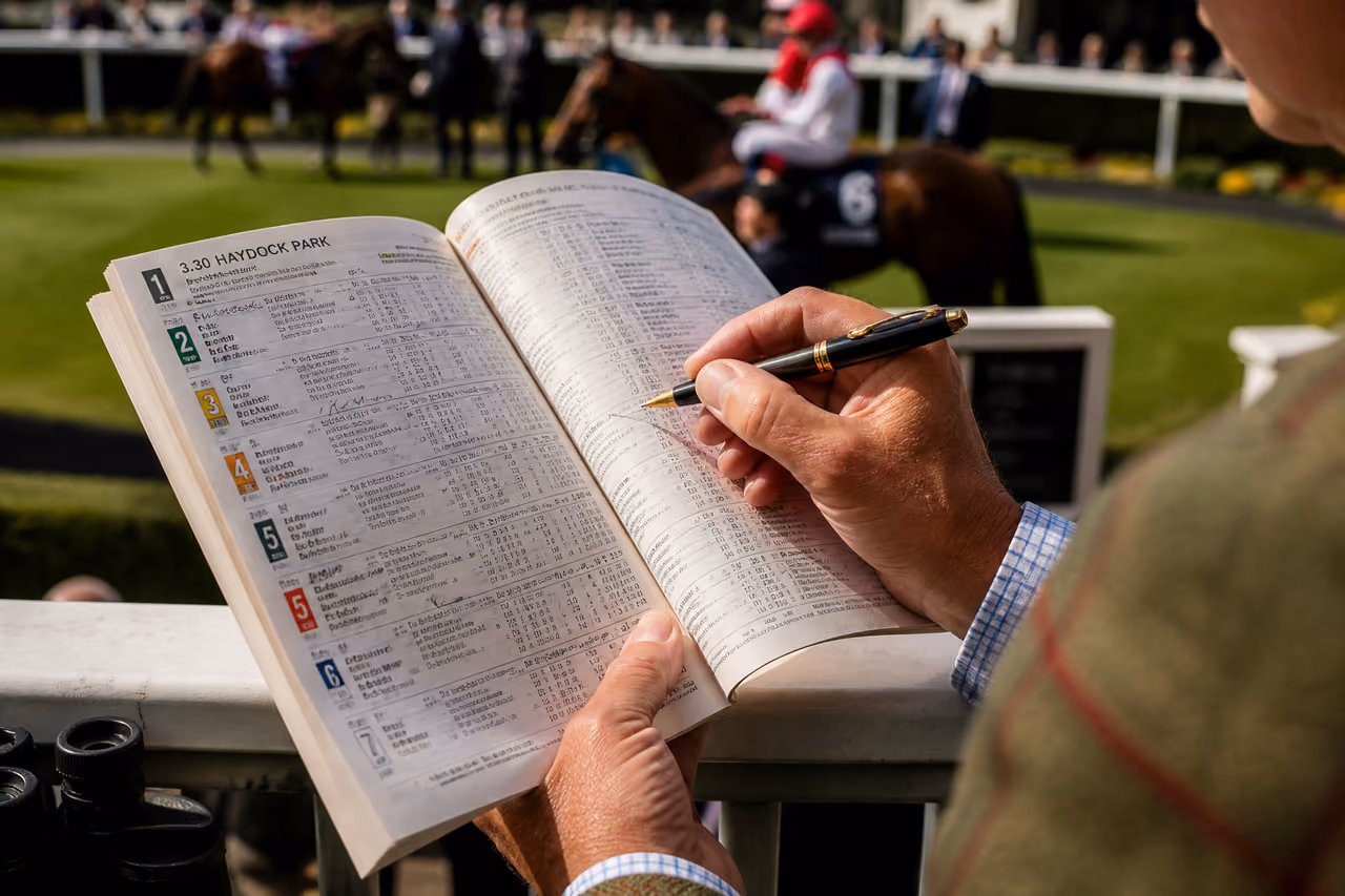 Racegoer Studying a Racing Form Guide at the Track